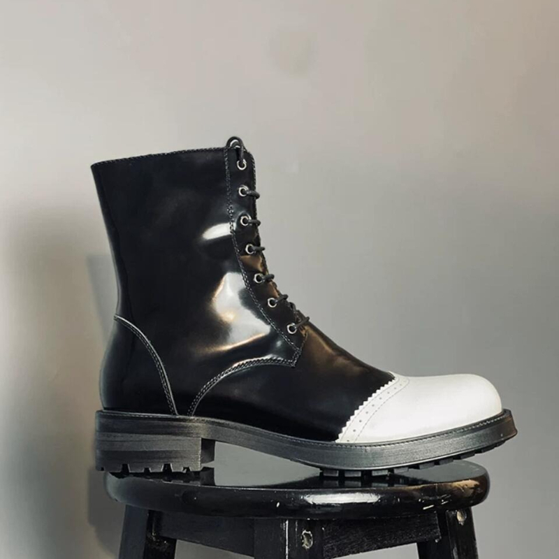 Chelsea Boots Men - Herren Motorradstiefel aus schwarz-weißem Lackleder, Schnürung,