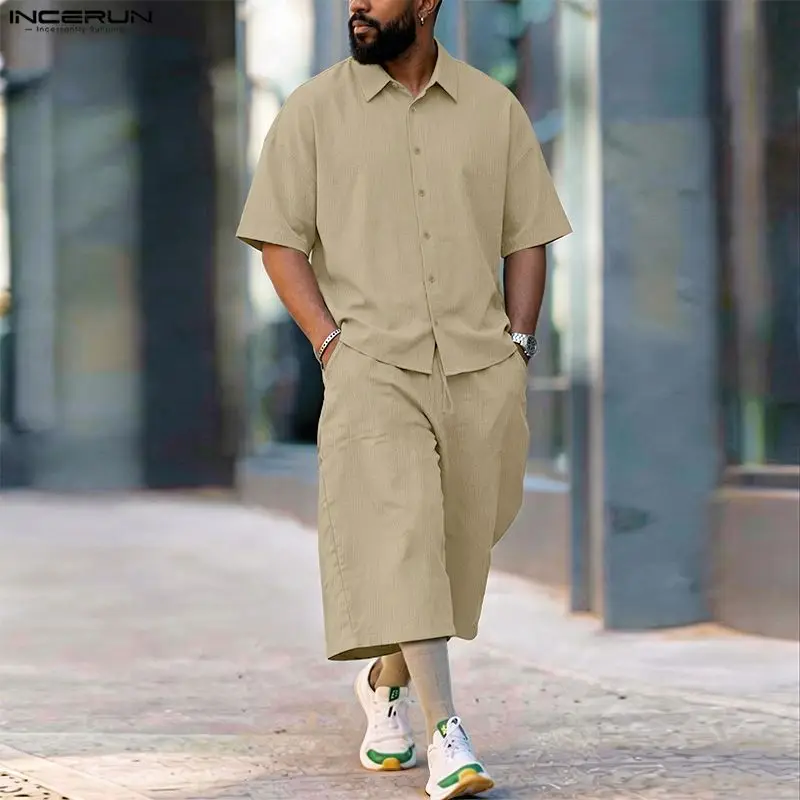 Men'S Fashion 2026 - INCERUN Herren-Sets: Einfarbiges Revers-Kurzarmhemd mit Hose,
