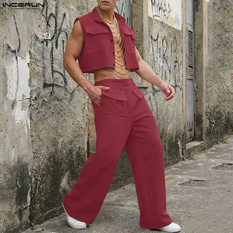 Men'S Fashion 2026 - INCERUN Herren-Sets Einfarbiges Ärmelloses Crop-Top Hemd